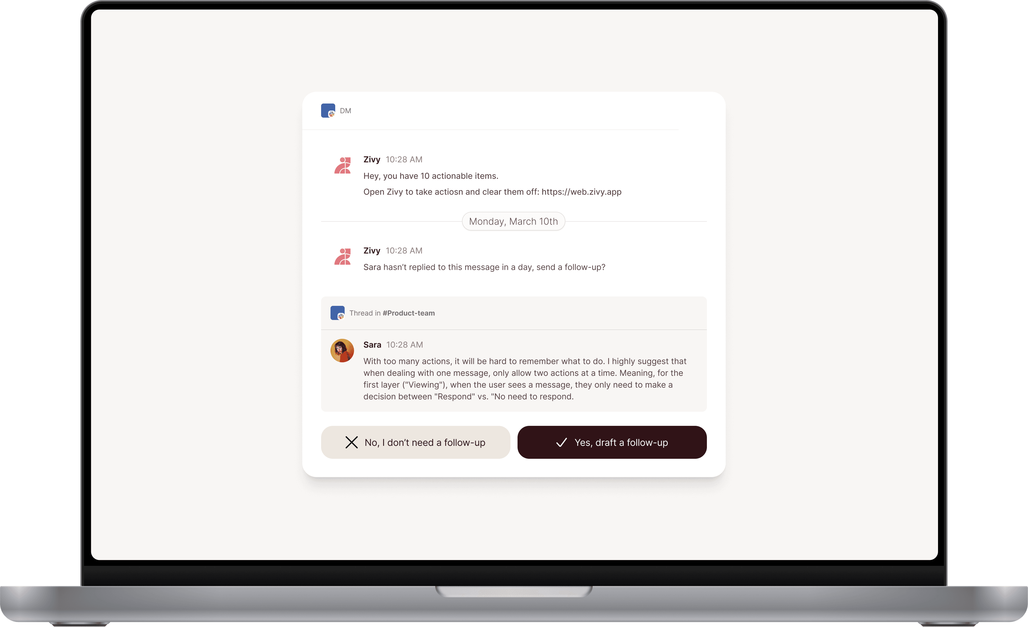 Laptop screen showing showing categorisation of conversations in Zivy Inbox