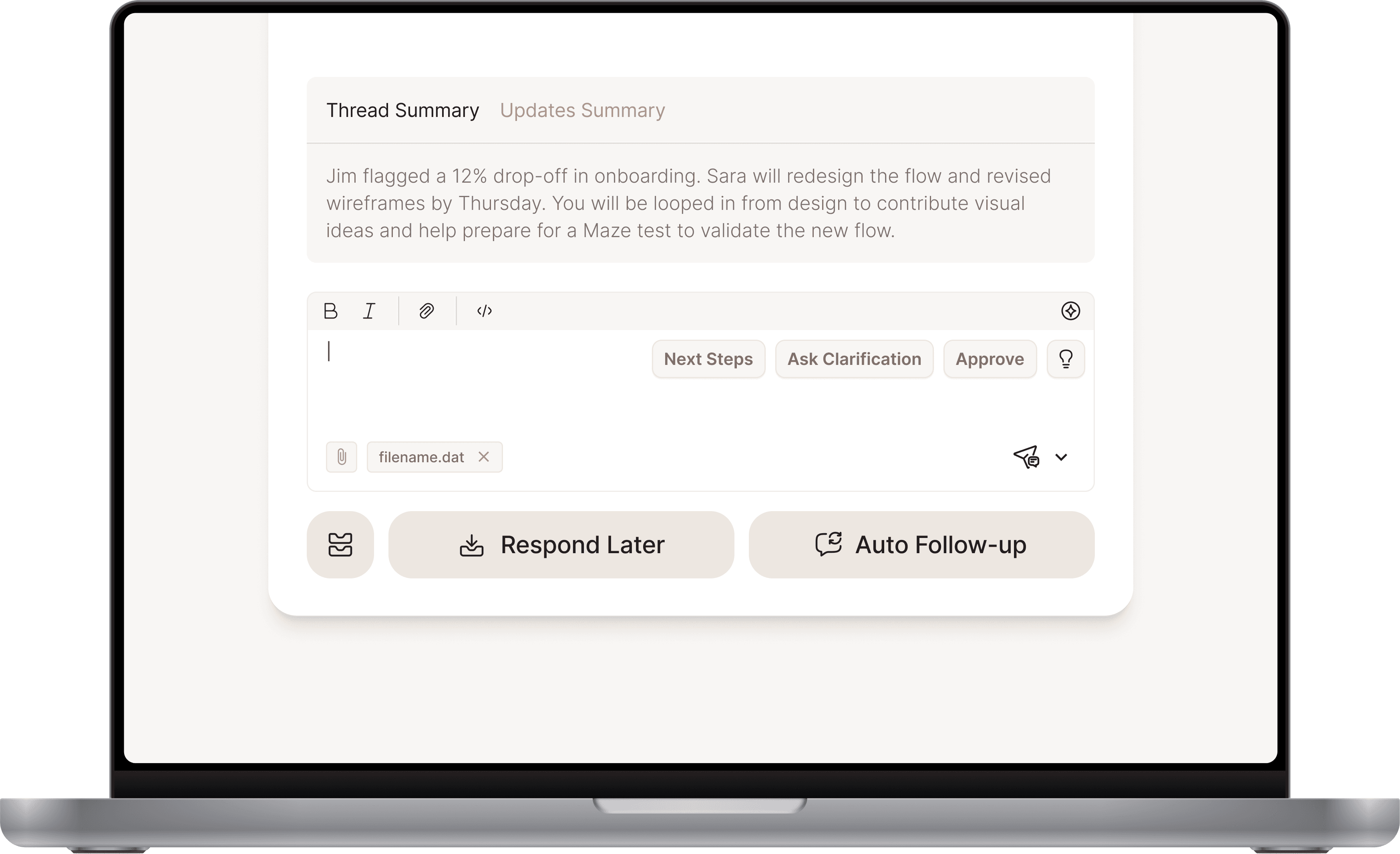 Laptop screen showing showing categorisation of conversations in Zivy Inbox