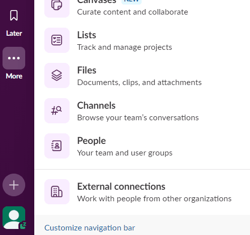 Screenshot of Slack workspace left side menu