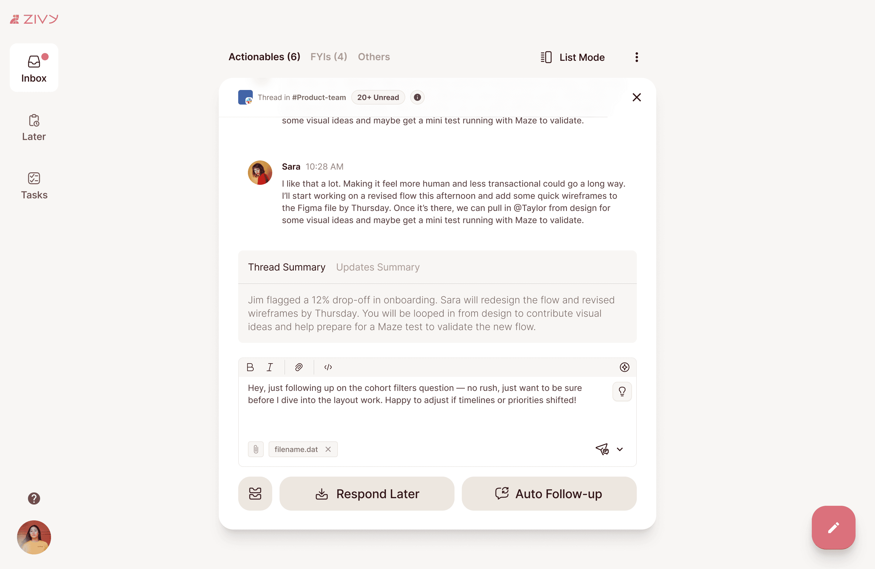 Laptop screen showing showing categorisation of conversations in Zivy Inbox